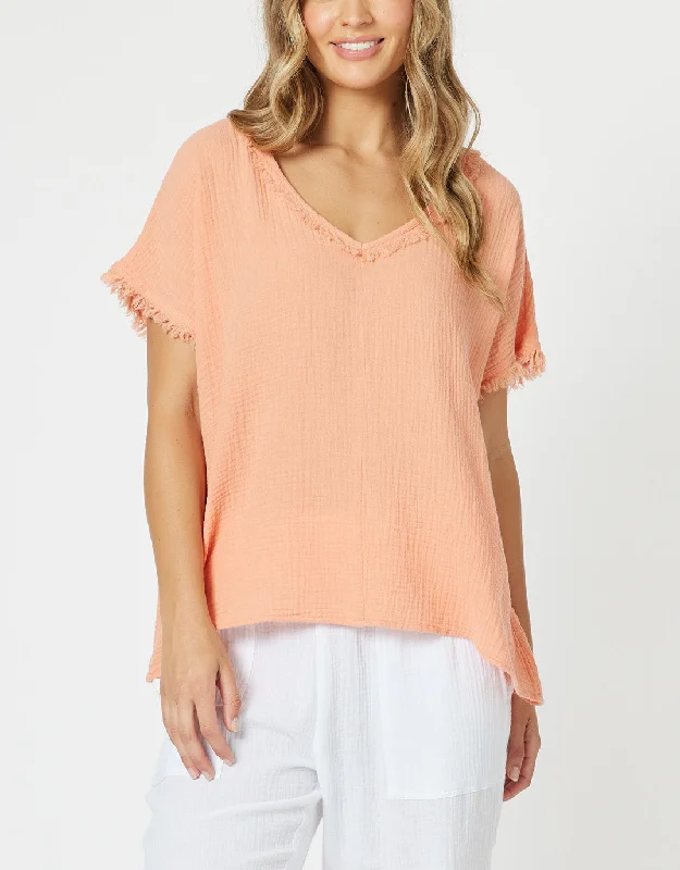 Oversized women’s tops for relaxed style -Byron Cotton V Neck Top - Papaya