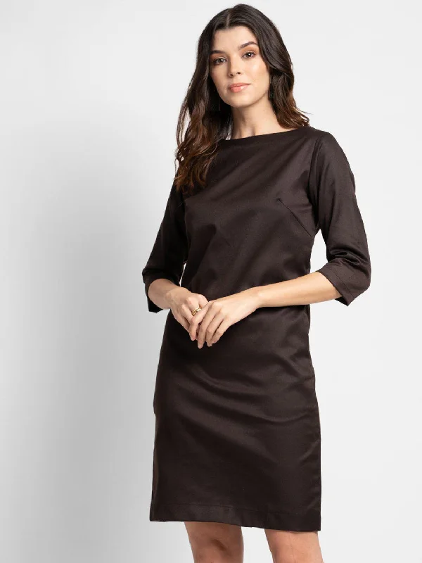 Women’s long sleeve dresses for fall fashion -Poly Cotton Sheath Dress - Chocolate Brown