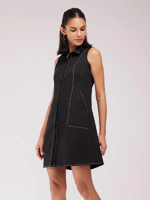 Women’s pleated dresses for classic style -Collared A-line Dress - Black