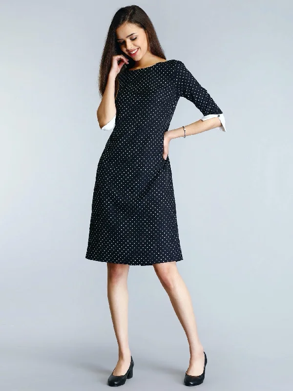 Women’s ribbed dresses for textured look -Colour Block Polka Dot Shift Dress - Black and White