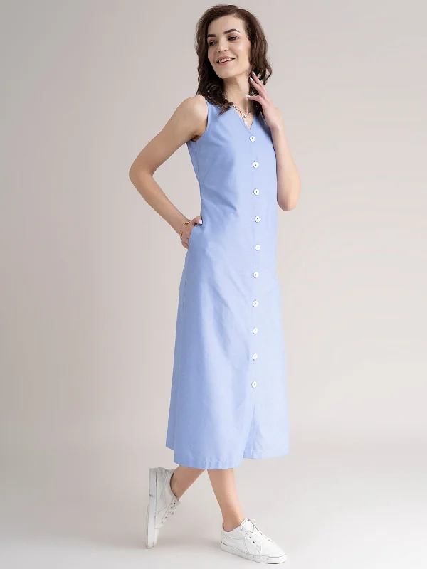 Women’s slip dresses for minimalist style -Cotton Button Down Dress- Blue