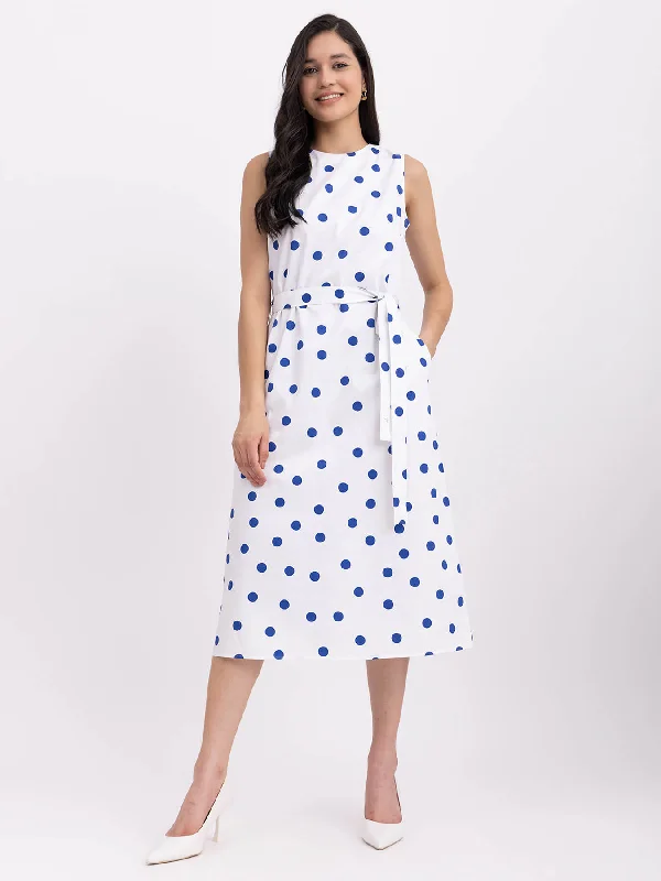 Women’s leather wrap dresses for edgy look -Cotton Polka Dot Dress - White And Blue