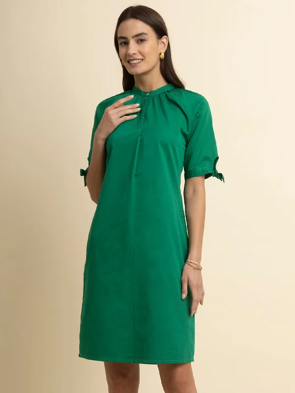 Women’s silk dresses for luxury occasions -Cotton Tie-Up Sleeves Dress - Green