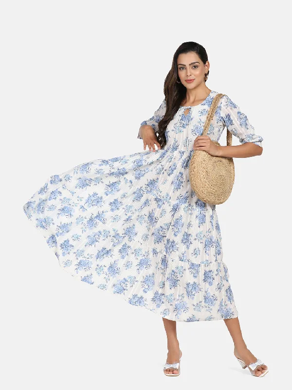 Women’s wrap-around dresses for easy styling -Cotton Tier Dress - Blue & White