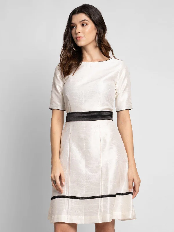 Women’s wrap dresses with long sleeves for fall -Dupioni Evening Fit and Flare Dress - Creamy White