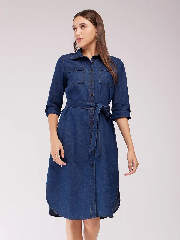 Women’s peasant dresses for bohemian flair -Denim Dress - Navy Blue