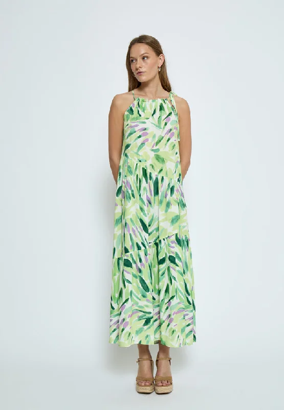 Women’s strapless dresses for formal occasions -DSMacie Halterneck Dress - Sap Green Print