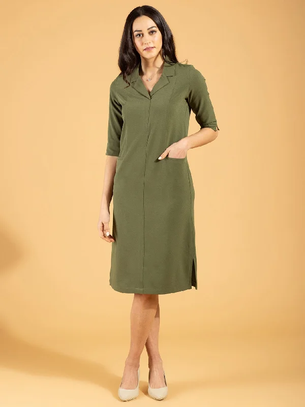 Women’s wrap dresses for chic look -Front Pocket Lapel Dress - Moss Green