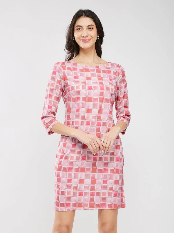 Women’s maxi dresses for summer outings -Geometric Print Dress - Pink And Off White