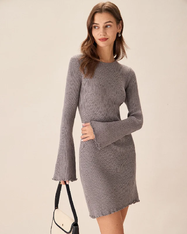 Women’s shift dresses for relaxed fit -Grey Boat Neck Sweater Mini Dress