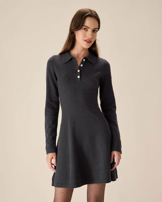 Women’s button-up dresses for casual chic -Grey Pleated Sweater Mini Dress