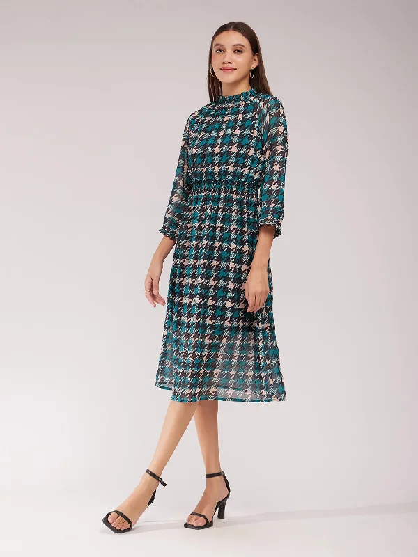 Women’s gingham dresses for picnic style -Houndstooth A-line Dress - Teal