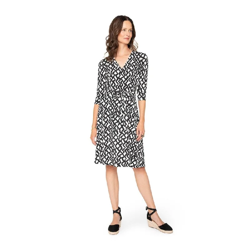 Women’s floral chiffon dresses for light and breezy feel -Leota's Women Wrap 3/4 Sleeve Dress Zig Zag Black White