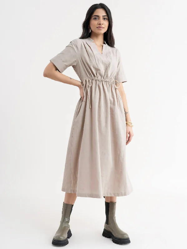 Women’s shift dresses with pockets for casual wear -Linen Dress With Elasticated Waist - Beige