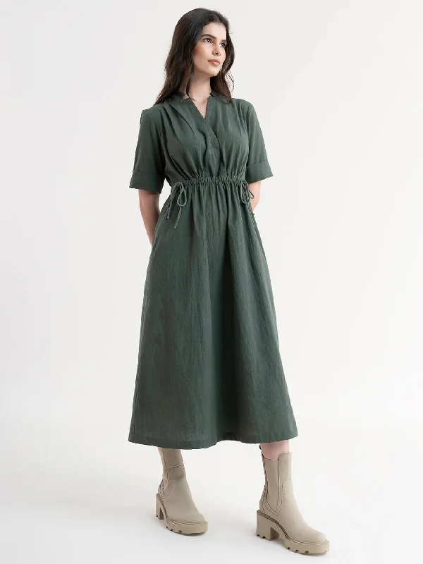 Women’s striped dresses for nautical-inspired style -Linen Dress With Elasticated Waist - Olive