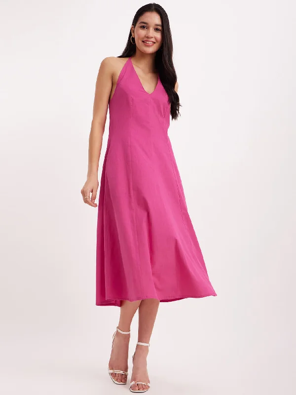 Women’s lace-up dresses for trendy touch -Linen Princess Line Dress - Fuchsia