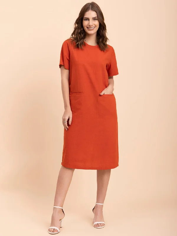 Women’s casual sundresses for warm weather -Cotton Round Neck Shift Dress - Burnt Orange