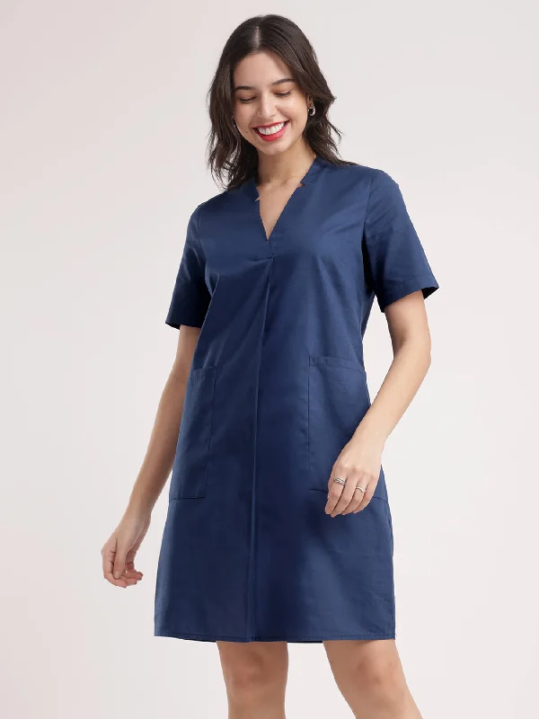 Women’s tiered maxi dresses for effortless style -Linen Shift Dress - Navy Blue