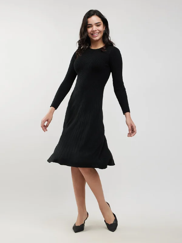 Women’s casual dresses for everyday wear -LivSoft Fit And Flare Sweater Dress - Black