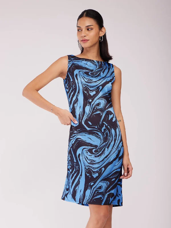 Women’s embroidered dresses for detailed elegance -Marble Print Shift Dress - Blue And Black