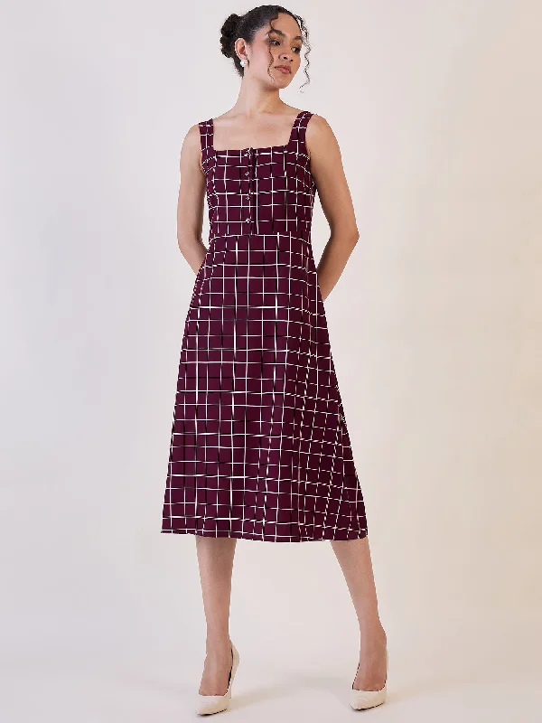 Women’s pencil dresses for business chic -Maroon Check Fit & Flare Dress