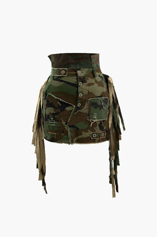 Women’s tank dresses for summer days -Camo Frayed Patchwork Fringe Mini Skirt