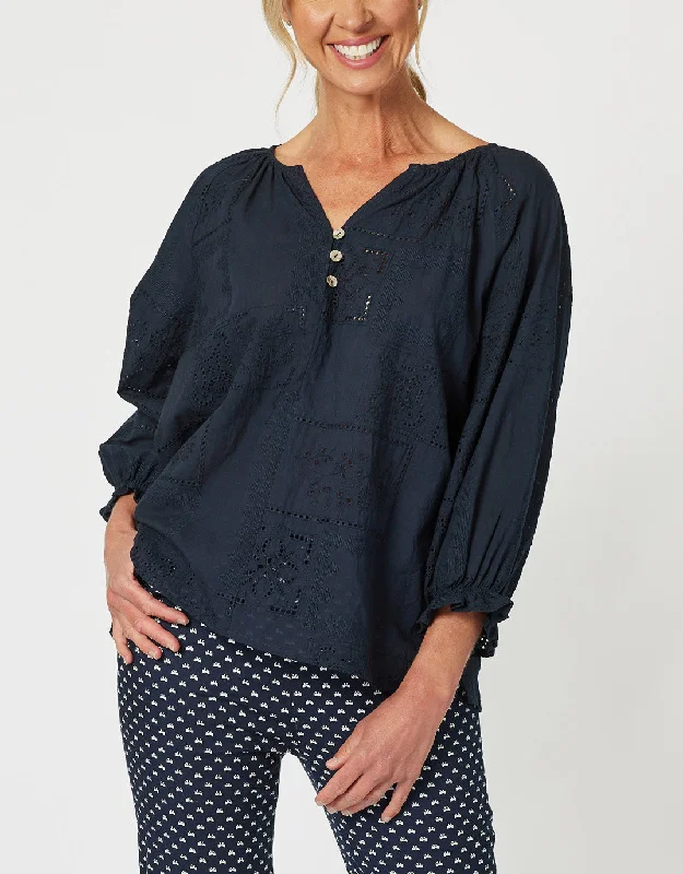 Women’s long sleeve tops for chilly mornings -Mila Lace Top - Navy