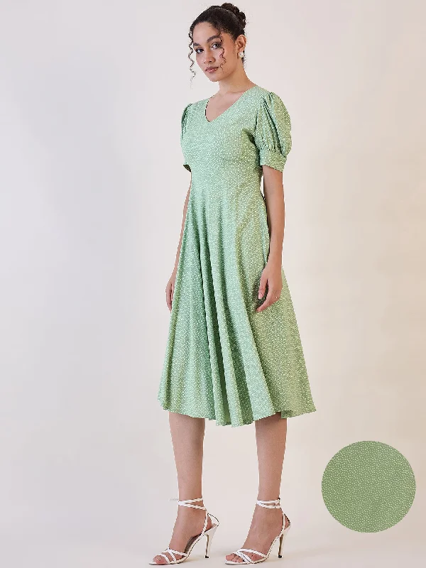 Women’s boho maxi dresses for relaxed style -Olive Dotted Fit & Flare Dress