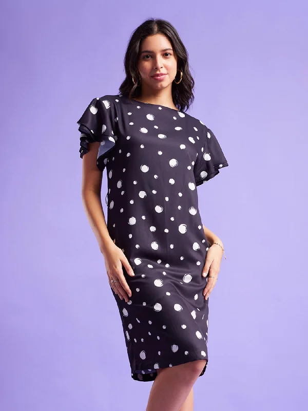 Women’s vintage dresses for retro charm -Polka Print Bell Sleeves Dress - Black