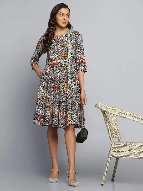 Women’s evening dresses for glamorous occasions -Printed Multicolor Flare Dress