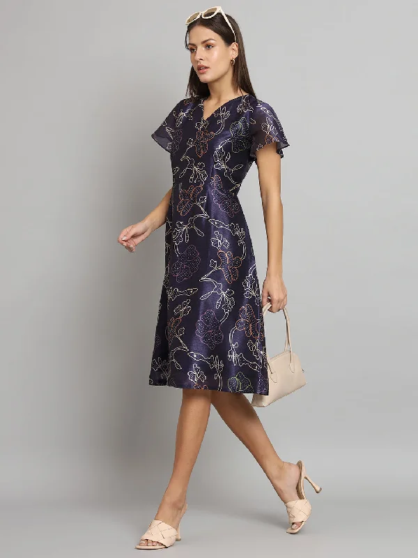 Women’s puffed sleeve dresses for vintage vibe -Printed Silk A-Line dress- Blue