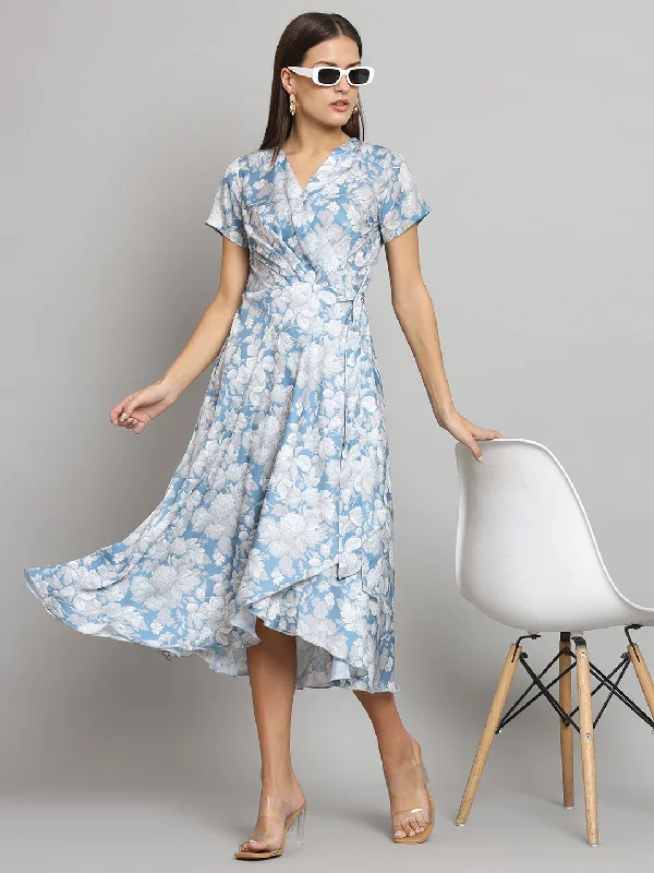 Women’s beach dresses for vacation outfits -Printed wrap around dress- Blue and Grey