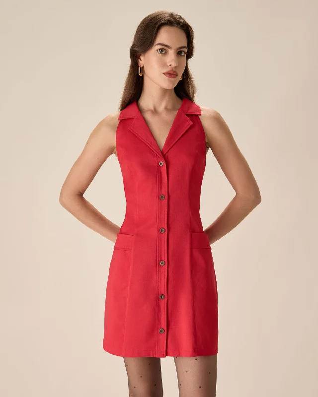 Women’s ruched dresses for figure-flattering fit -Red Collared Pocket Button Mini Dress