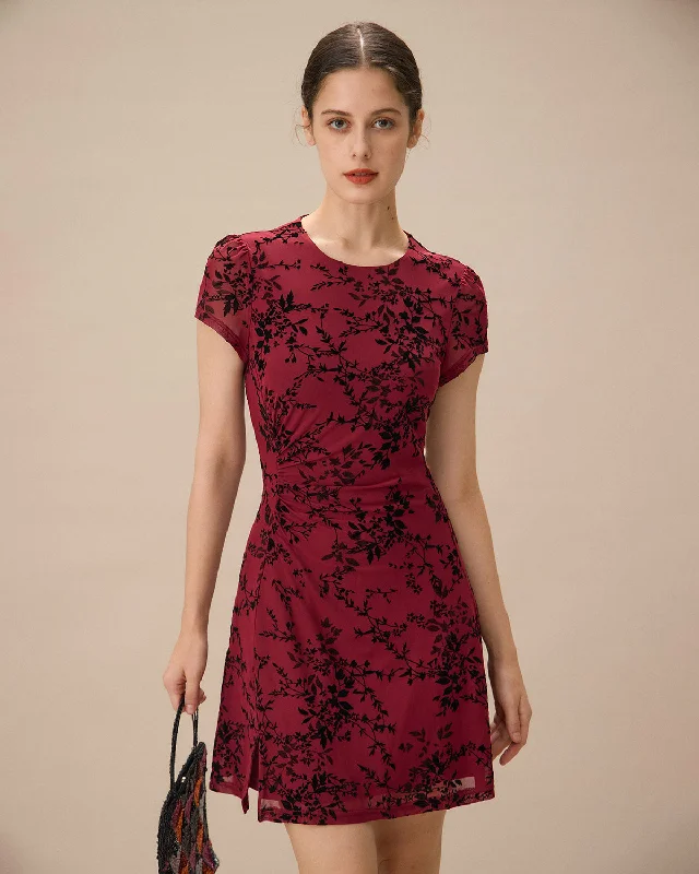 Women’s spaghetti strap dresses for warm days -Red Floral Boat Neck Mini Dress