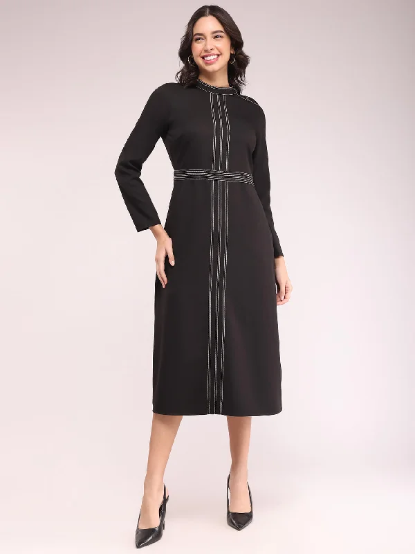 Women’s peasant dresses for bohemian flair -Round Neck Contrast Stitch Dress - Black