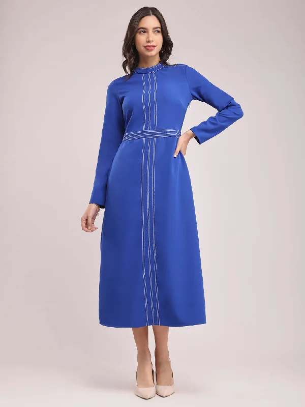 Women’s maxi dresses for summer outings -Round Neck Contrast Stitch Dress - Royal Blue