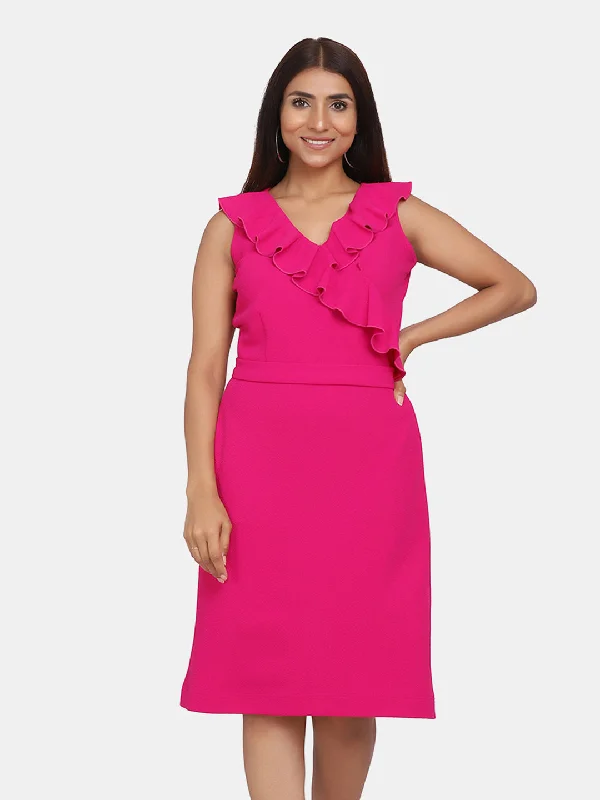 Women’s chic midi dresses for brunch outings -Ruffle Neckline Evening Formal Dress - Fuchsia