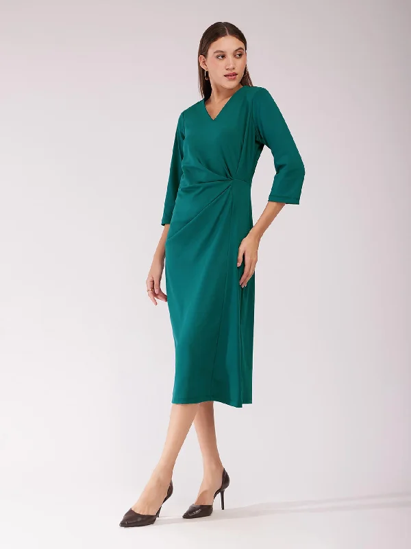 Women’s long sleeve dresses for fall fashion -Sheath Draped Dress - Teal