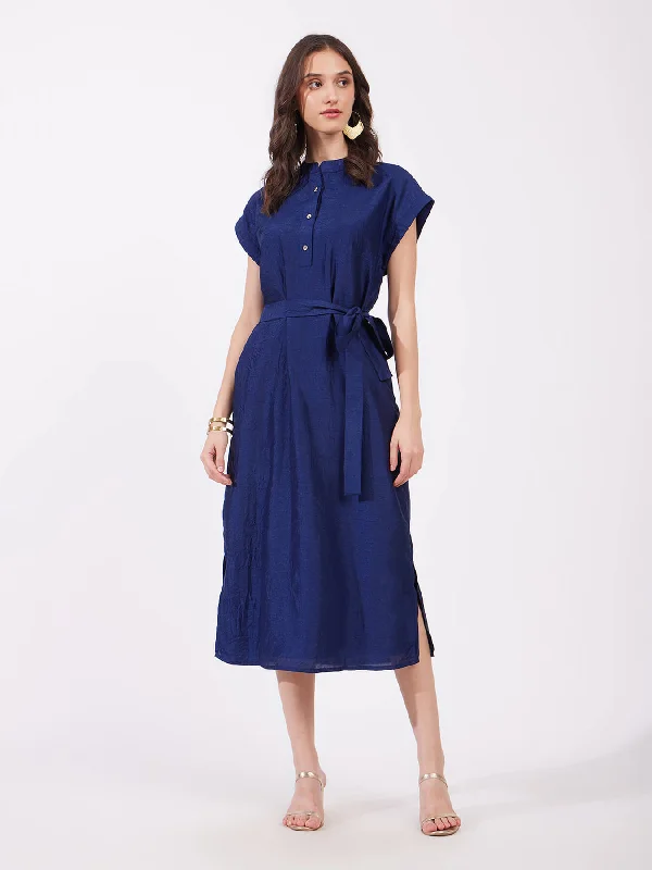 Women’s ruched dresses for figure-flattering fit -Silk Tie-Up Dress - Navy Blue