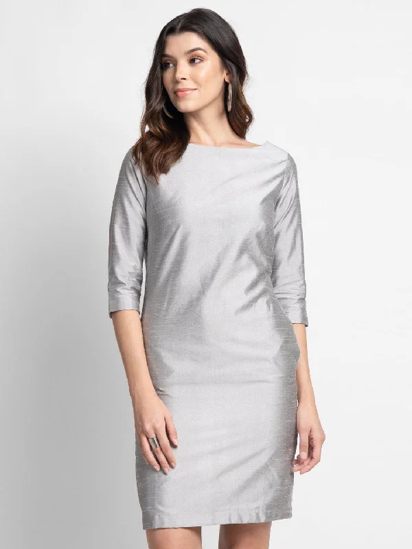 Women’s romper dresses for easy styling -Poly Dupioni Evening Sheath Dress - Silver Grey