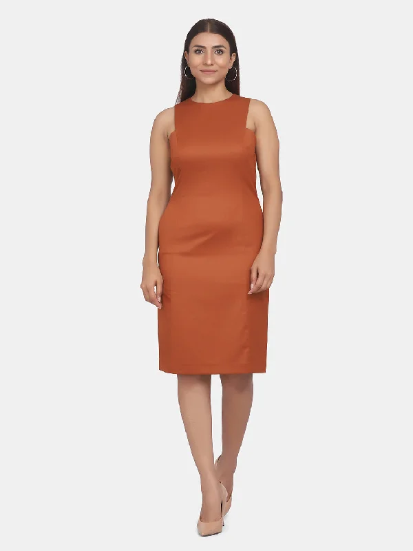 Women’s color-blocked dresses for modern style -Sleeveless Formal Straight Dress For Work - Burnt Orange