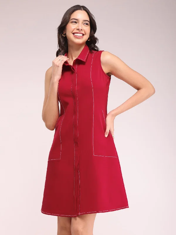 Women’s shift dresses with belt for flattering waistline -Solid A-line Dress - Red