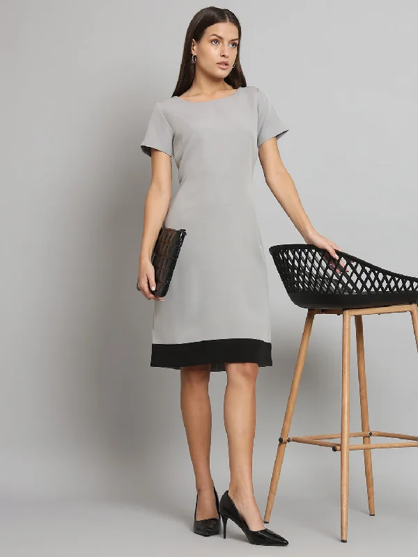 Women’s casual midi dresses for day outings -Stretch Color blocked Dress- Grey