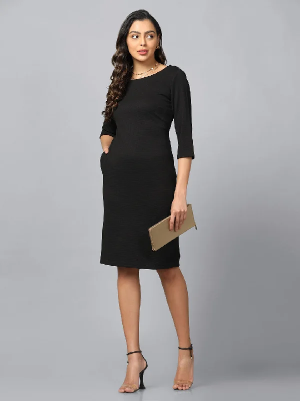 Women’s trapeze dresses for relaxed fit -Stretch Knit Shift Dress- Black