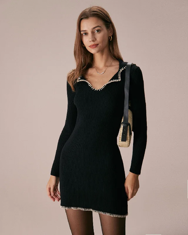 Women’s wrap dresses with long sleeves for fall -The Black Contrast Stitch Sweater Mini Dress