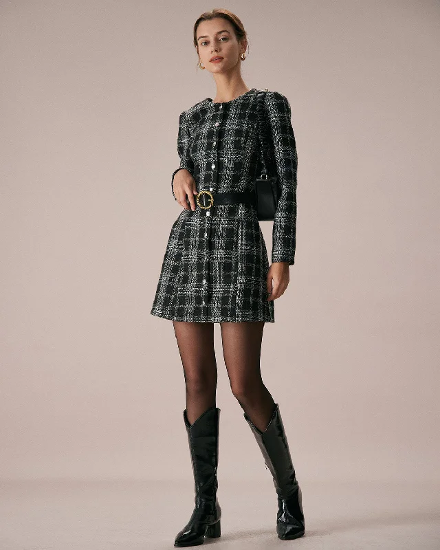 Women’s mesh dresses for trendy looks -The Black Crew Neck Plaid A-Line Mini Dress