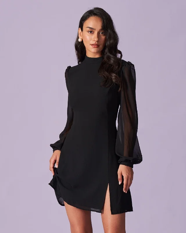 Women’s tiered maxi dresses for effortless style -The Black Stand Collar Sheer Slit Mini Dress