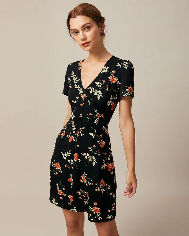 Women’s leather dresses for edgy style -The Black V Neck Floral Button Up Mini Dress