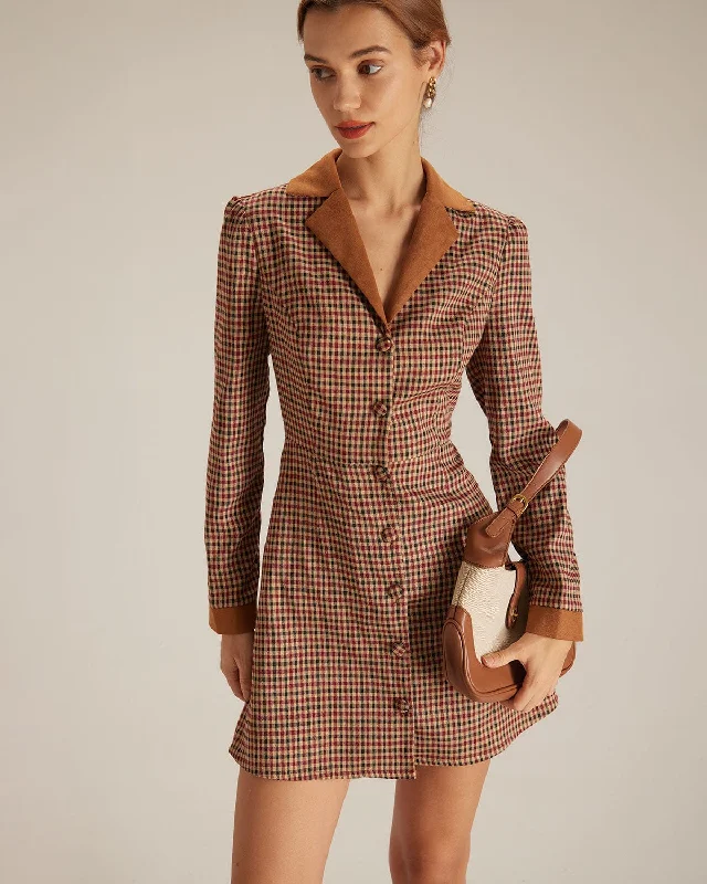 Women’s knitted dresses for cozy winter wear -The Brown Plaid Spliced Suede Mini Dress