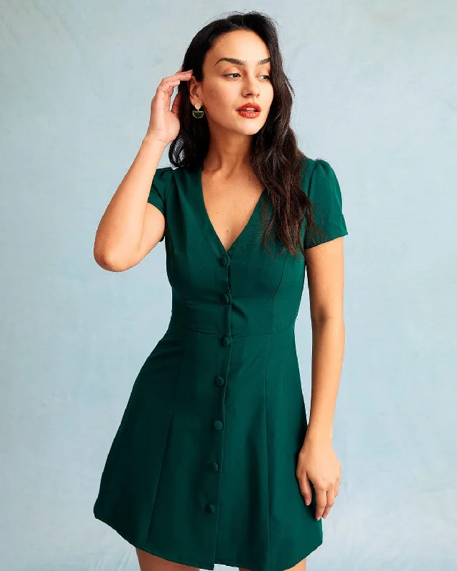 Women’s slip dresses for minimalist style -The Dark Green V Neck Button-up Shirt Mini Dress